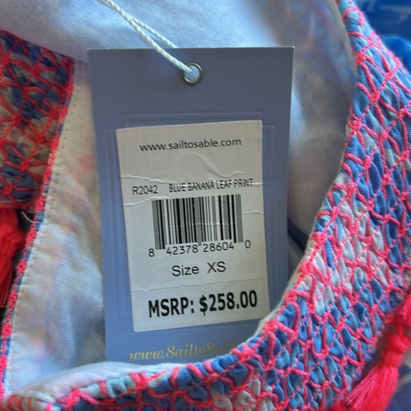 Sail to Sable Blue Banana Leaf Print Maxi Dress Blue White Tassel Vneck XS NEW - Picture 8 of 8